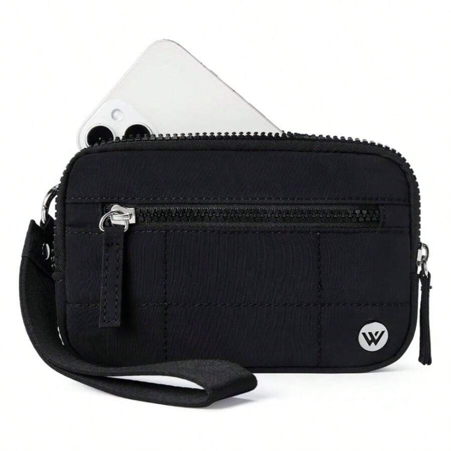 WESTBRONCO - portafolios acolchada de nailon para mujer, con 3 bolsillos con cierre, para viaje, tarjeta de crdito, organizador de telfono - Negro - - Ver 1