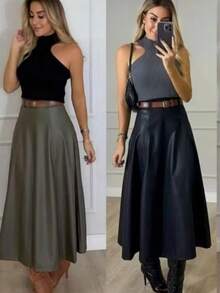 Long Leatherette Skirt, Evangelical Fashion Skirt - xanh quân đội - Xem 1
