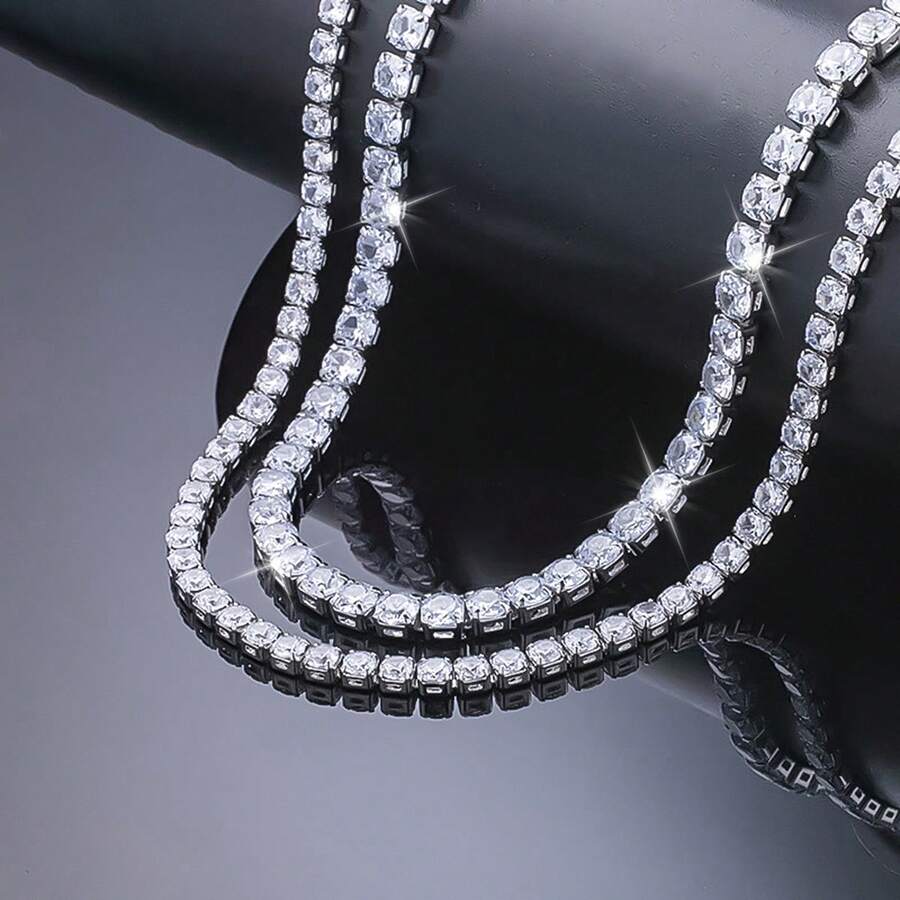 1pc 925 Sterling Silver Luxury Zirconia Tennis Necklace, Elegant & Suitable For Daily Wear, Parties, Weddings. Great Gift For Family, Friends, Christmas, Halloween, Valentine's Day, Birthday - Silver - View 1