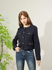 Women's Everyday Fashion Wear Tweed Jacket, Round Neckline Trim Long-Sleeved Solid Color Jacket