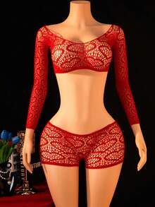 Bộ đồ lót gợi cảm 2 món dành cho nữ, áo croptop dài tay ren hình trái tim màu đỏ và quần short, áo liền thân lưới xuyên thấu. - Đỏ - Xem 1