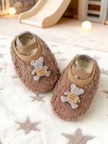 Ein Paar neue Babyschuhe - Süße Teddybär Dekoration Plüsch Kleinkindschuhe, geeignet als warme Herbst- und Winterhausschuhe für Babymädchen, modische und bequeme Hausschuhe für Baby Jungen, geschlossene Weichsohlen-Kleinkindschuhe für Mädchen