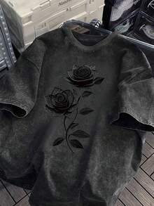 Pure Cotton Washed Loose-Fit T-Shirt,Dark Style Vintage Washed Rose Printed Pure Cotton Oversized Short Sleeve T - Shirt,Halloween,Día De Los Muertos,Home Leisure,,Weekend Outing,Sensitive Skin Group - 黑色 - 查看 10