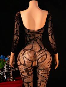 Áo liền thân lưới tay dài gợi cảm dành cho nữ, áo bó sát hở lưng bằng lưới xuyên thấu. - màu đen - Xem 2