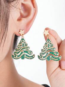 2pcs/Set Rhinestone Santa Claus, Christmas Tree, Reindeer Stemware, Gingerbread Man, Bowknot , Gold Pendant Earrings, Christmas Gift