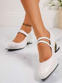 Women's High Heels, Pointed Toe, Thick Heel, Single Strap, Crystal Bow, Solid Color Design, Simple And Gorgeous, Casual And Comfortable, Suitable For Attending Dances, Banquets, Daily Commuting Wear, Local Warehouse. - White - View 4