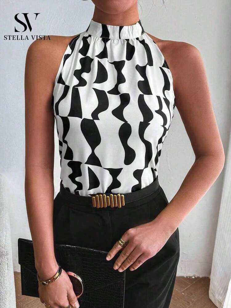 Elegant Women's Turtleneck Tank Top - 黑與白 - 查看 1