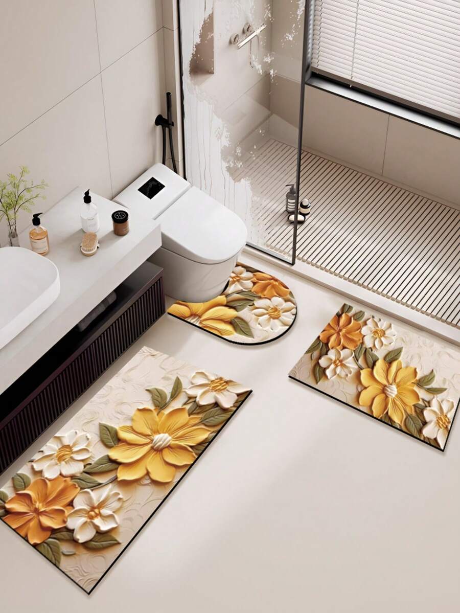 1/3 Stück rutschfeste, saugfähige Badezimmermatte, Silikonmatte, Retro-Muster Badezimmer, U-förmige Toilettenvorlage, saugfähige Fußmatte für das Waschbecken, 2,5 mm Dicke Weihnachtsdekoration Küchenteppich