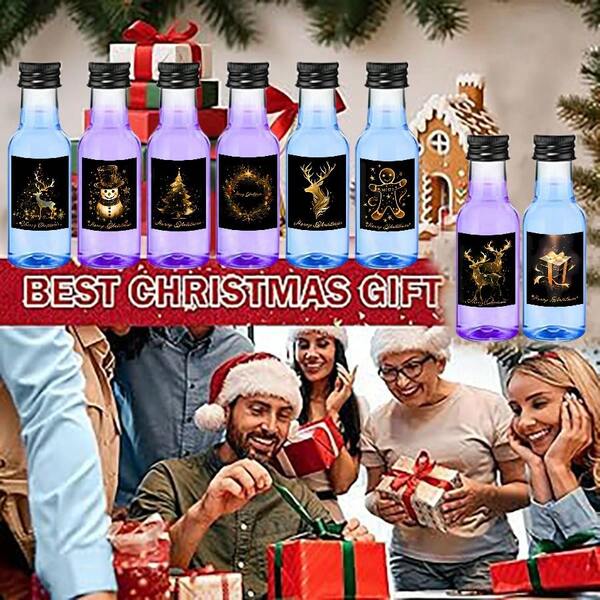 28/4PCS Christmas Mini Liquor Bottle,Beverage Dispensing Bottle,Empty Plastic Bottles,With Black,Golden And Silvery Lids,And With 9 Styles Labels,Such As Snowman,Christmas Trees, Gifts,Perfect For Christmas,Birthday,Party Supplies,Wedding,Christmas Table Decorations,New Years Gifts,Outdoor Party