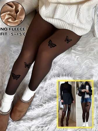 1pc Women's 80g/200g Autumn/Winter Thermal Lined Sexy Print Sheer Tights, Elastic Knit Tights For Casual Daily Wear, Cozy