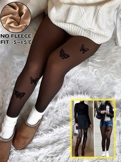 1 pieza Medias térmicas forradas de mujer de 80g/200g para otoño/invierno, con estampado sexy y transparente, medias elásticas de punto cómodas para uso diario casual