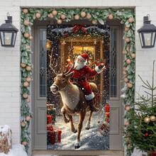 1pc 2026 Christmas Entrance Porch Banner Hanging Flag - Santa Riding Deer Scene Doorway Curtain, Featuring Gift Box & Snowflake Pattern Design, Suitable For Christmas Theme Party Supplies, Photo Booth Props, Door Art Decor, Anniversary, Winter Celebration Doorway, Family Gathering Christmas Curtain Backdrop