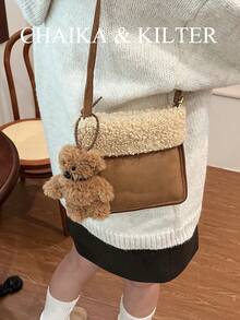 CHAIKA & KILTER 1 件绒面革和羊羔绒拼色单肩包，女士复古时尚方形单肩包，带按扣，可调节肩带，可肩背或斜挎，适合日常和户外使用（与吊坠一起出售） - 卡其色 - 查看 6