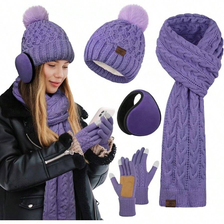 URATOT Women Winter Beanie Hat Scarf Gloves Ear Warmer 4 In 1 Set Beanie Pompom Hat Touchscreen Gloves Long Scarf Ear Warmer - 紫色 - 查看 1