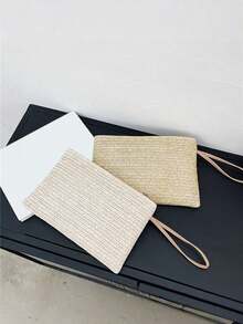 1 geantă elegantă de damă din paie țesută, cu închidere cu fermoar, poșetă în stil boho pentru plajă de vară, capacitate mare, perfectă pentru plajă sau ieșiri casual, pentru telefon, monede, depozitare chei