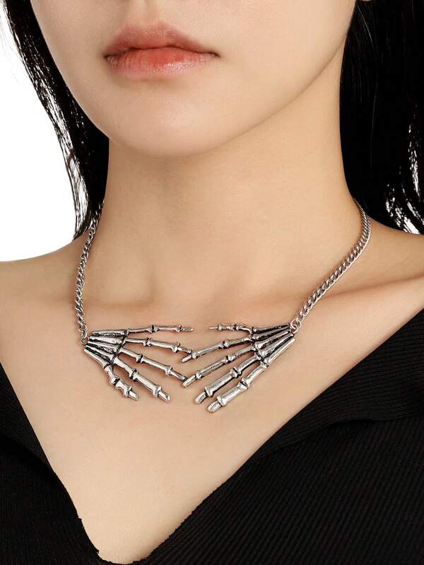 1Pc Gothic Silvery Color Metal Skeleton Hand Pendant Choker Necklace For Women Me N Halloween Accessory