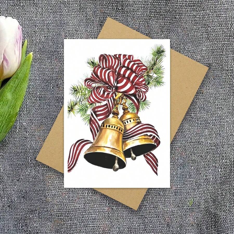 Christmas Card With Bells, Vintage Style Christmas Card Watercolor, Anniversary Card, Merry Christmas Card, Congratulation Card, Friendship Card, Thank You Card, Birthday Card