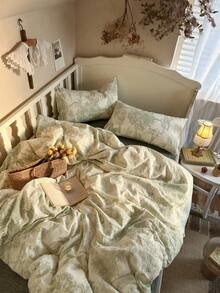 4 piezas Juego de ropa de cama floral vintage, ropa de cama suave y cómoda para el dormitorio, patrón verde lindo de flores y plantas, transpirable y suave para todas las estaciones, incluye 1 funda nórdica, 1 sábana plana, 2 fundas de almohada, sin relleno, adecuado para dormitorio, dormitorio, uso doméstico, disponible en varios tamaños