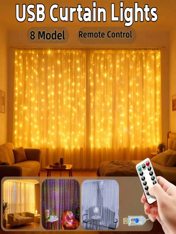 USB Curtain String Lights, 100/200/300 LED 8 Lighting Modes - Timer Function Fairy Light With Remote, USB Powered For Christmas Bedroom Party Wedding Home Garden Wall Decorations, Multicolor/ Warm White/ White