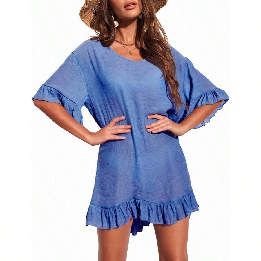 Women's Swimsuit Cover Ups Bathing Suit Coverups Dress Ruffle Sleeves Bikini Beachwear Loose Top XS - 3XL - Azul traslúcido + Chica - Ver 1