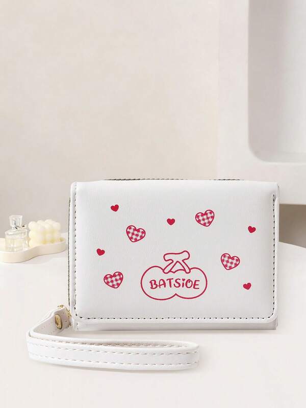 Cute Cherry Heart Print Women's Short Wallet Student Purse Sweet Minimalist Wristlet Coin Purse Card Holder For Women Wallet Mini Wallet Purse Wallet Small Wallet Cute Wallet Wristlet Wallet Card Wallet Coin Wallet