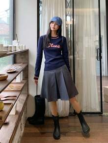 Christmas & New Year Letter Print Striped Contrast Collar Long Sleeve Crew Neck Sweater Top For Women, Casual College Style Suitable For Outings And Commuting, Autumn/Winter - Royal Blue - View 9