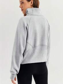 Damen-Fleece-Sweatshirt mit Stehkragen und halbem Reißverschluss, schmale Passform, warm, ideal für Sport, einfarbig, ideal für Herbst und Winter