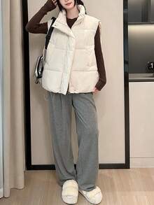Chaleco de algodón con relleno de plumón para mujer - Nuevo estilo para primavera/otoño Chaleco sin mangas de corte holgado inspirado en Corea con cuello alto Chaleco sin mangas de algodón de color liso Chaleco exterior para mujer Cazadoras para Mujer Abrigos de Invierno para Mujer - Blanco - Ver 6