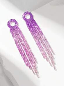 1 Pair Fashionable Exaggerated Ombre Crystal Tassel Long Earrings, Shiny Bridal Evening Party Jewelry Accessories