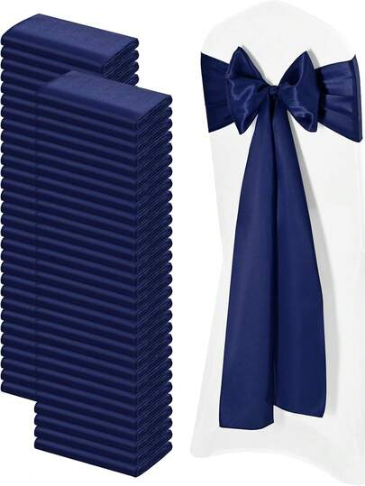 2pcs/10pcs Navy Blue Satin Chair Sash Knot Silk Wedding Chair Ribbon Bow Belt Party Wedding Chair Sash Tie For Birthday, Event, Hotel, Restaurant, Ceremony, Banquet Decoration