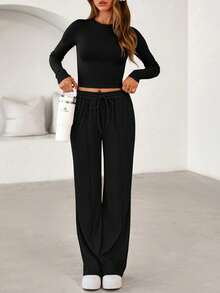 Women Fall Two Piece Outfits Ribbed Knit Long Sleeve Crop Top Drawstring Elastic High Waist Wide Leg Pants Matching Lounge Set Spring Autumn Airport Sport Outfits - 黑色 - 查看 3