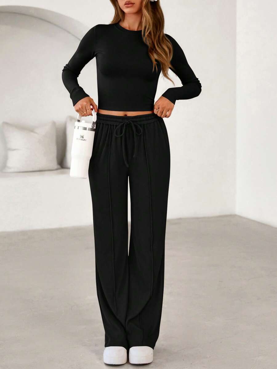 Women Fall 2 Piece Set Ribbed Long Sleeve Fitted Cropprd Shirt Drawstring Elastic High Waist Wide Leg Pants Lounge Spring Autumn Airport Sport Outfits - Black - View 1