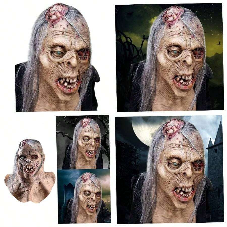 Mscara de zombi sangrienta con pelo, aterrador, muerto andante, espeluznante, de disfraces de Halloween, accesorios de decoracin de terror de ltex, disfraz de Halloween, accesorios de H - inicial - Ver 1