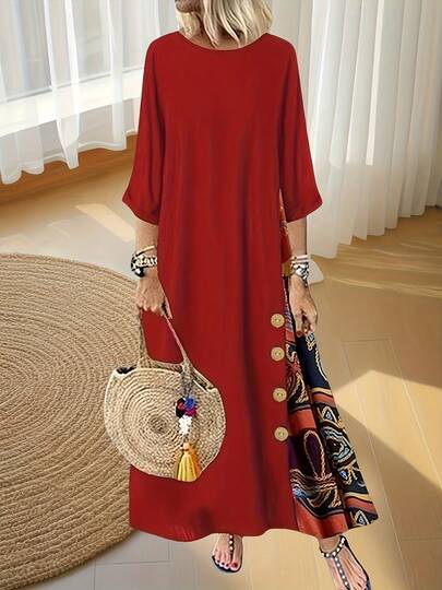 Vestido de talla grande de manga 3/4 con estampado y parches, de largo medio, para mujer, nuevo para primavera/verano