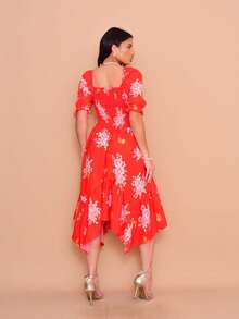 Helena Midi Dress With Printed Crepe Lastex Stitch And Short Sleeves - 紅色 - 查看 4