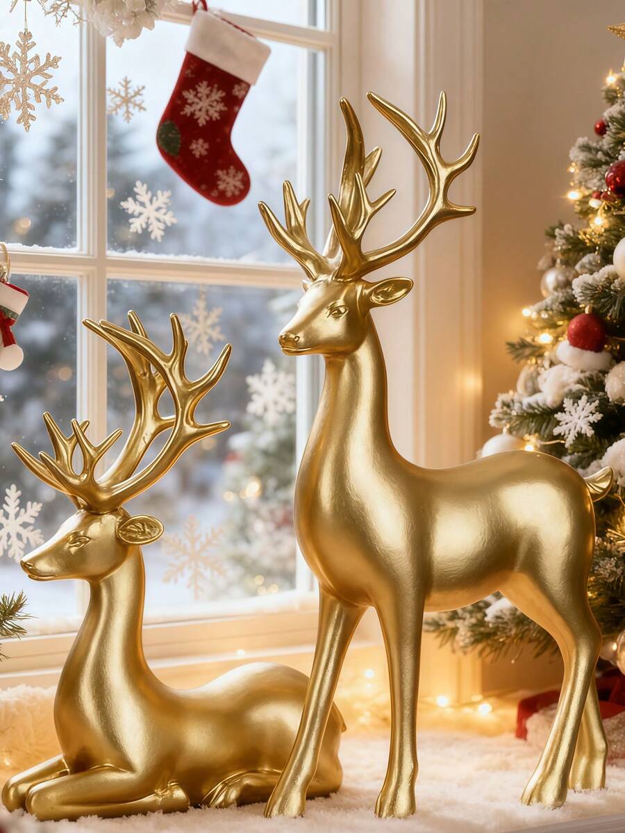 Christmas Golden Deer Statues Set Of 2 - Shiny Resin Reindeer Figurines With Elegant Antlers For Holiday Home Decor, Festive Table Centerpiece, Xmas Mantel, Window Sill & Fireplace Ornaments, Ideal Christmas Decorations For Indoor Party, Family Gathering Supplies And Unique New Year Gift For Friends