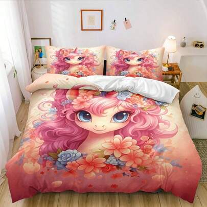 Conjunto de capa de edredom de microfibra com tema de fantasia e fantasia, 2/3 peças, unicórnio rosa impresso em 3D, conjunto de roupa de cama caprichosa para decoração temática e ocasiões especiais (tamanho 135 x 200, apenas 1 fronha)