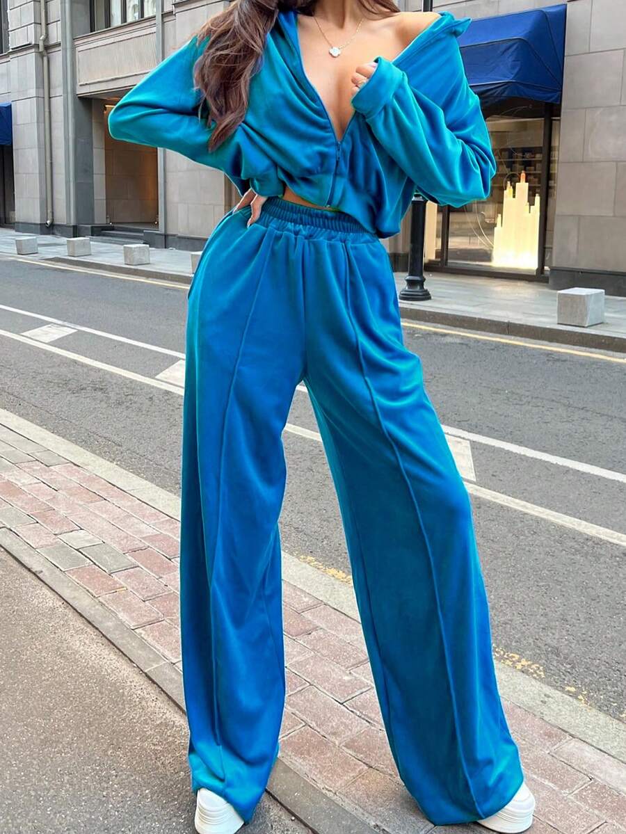 Women's Casual Loose Fit Solid Color Drop Shoulder Zip Front Hoodie And Pants Set