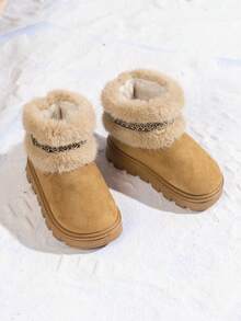 1 par de botas de nieve esponjosas y cálidas para bebés/niños pequeños/niños, botas casuales planas cómodas para uso en exteriores para niñas, otoño/invierno - Marrón - Ver 5