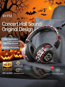 [Halloween Gifts]Wireless Headphones With Headphone Stereo 5.3 Wireless Chip Lightweight Folding Design, Gaming Headphones Stereo, Music And Sports Headphones, Push Button Volume Control, Mobile Phone Compatible, 3.5mm Plug, Type-C Charging Suitable For Gift Giving/Halloween/Christmas