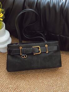Fashionable Versatile Casual Shoulder Bag With Metal Buckle Strap, Premium Minimalist Underarm Bag, Commuter Handbag, Baguette Bag, Suitable For Commuting, Shopping, Travel And Outings - Black - View 7