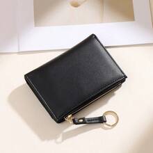 新款女士钱包钥匙扣不对称设计超薄紧凑型对折拉链零钱包女士钱包迷你钱包小钱包可爱钱包腕包卡包零钱包 - 黑色 - 查看 3