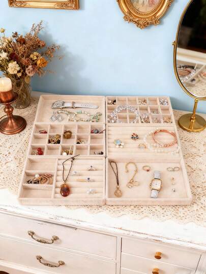 11 件/套米色简约设计中密度纤维板珠宝托盘收纳盒，套装包括珠宝抛光布、奢华米色珠宝展示和储物托盘盒，梳妆台、项链、耳环、戒指、珠宝收纳必备