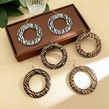 3 Pares/Conjunto, Brincos de Argola Grandes Exagerados, Estampa de Zebra e Leopardo - Presente Casual Diário/Férias para Mulheres, Brincos de Jóias de Contas de Madeira Criativas - Multicolorido - Visão 8