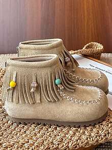1 Pair Autumn/Winter New Retro Velvet Children Boots, Girls Korean Version Tassel Short Boots With Back Zipper, Princess Shoes