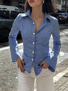 女士时尚撞色条纹前扣长袖秋季修身纽扣长款设计衬衫 - 藍色 - 查看 1