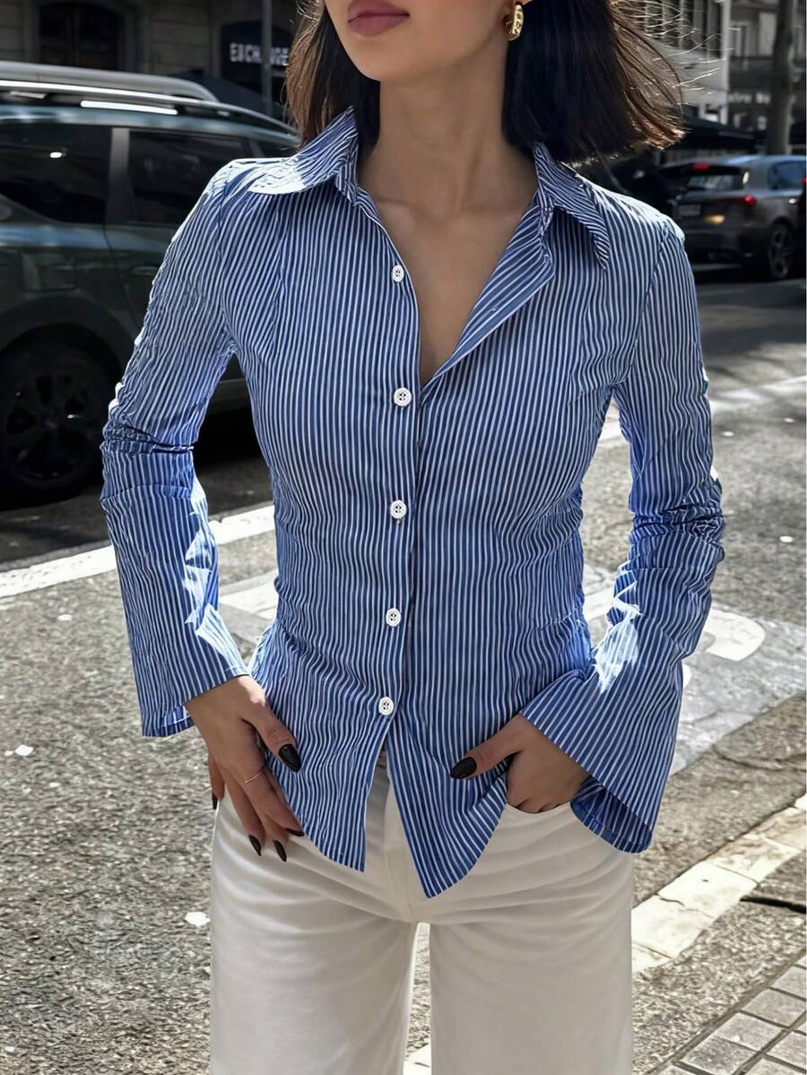 女士时尚撞色条纹前扣长袖秋季修身纽扣长款设计衬衫 - 藍色 - 查看 1