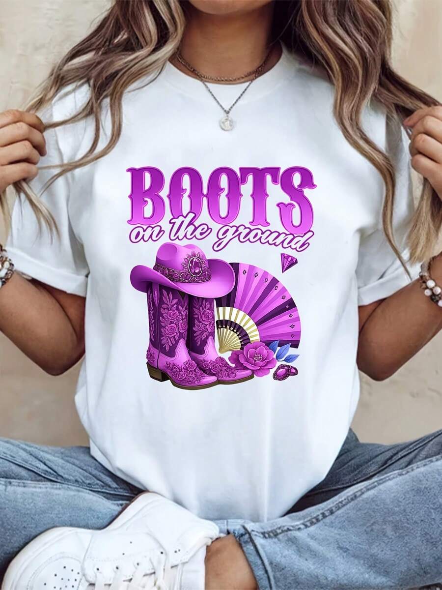 Women's Boots On The Ground Print Oversized Cotton T-Shirt, Soft And Breathable, Comfortable And Fitted With A Crew Neck, 220g