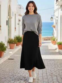 Mid Modal Ribbed Knit Skirt, Thick High Waist With Elastic - 黑色 - 查看 3