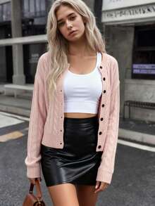 Pink Cable Knit Gentle Sweet Cropped Cardigan, Casual Button Up Sweater For Daily & Dating - Pink - View 8